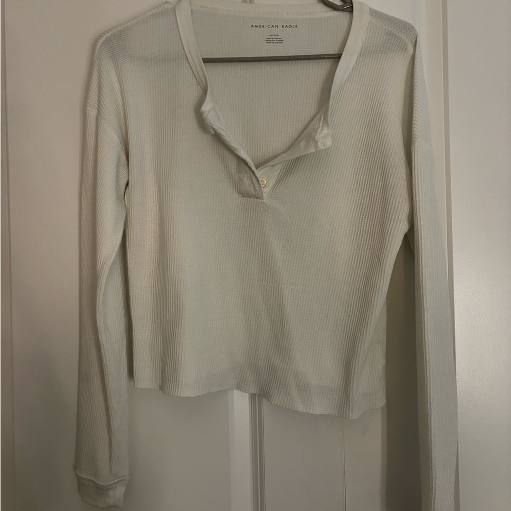 American Eagle Outfitters Women's White Long Sleeve Henley